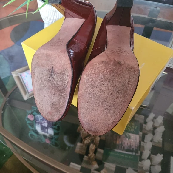 Joan & David Burgundy/Brick Red Patent Leather Shoes - Medium Heels - Picture 2 of 5